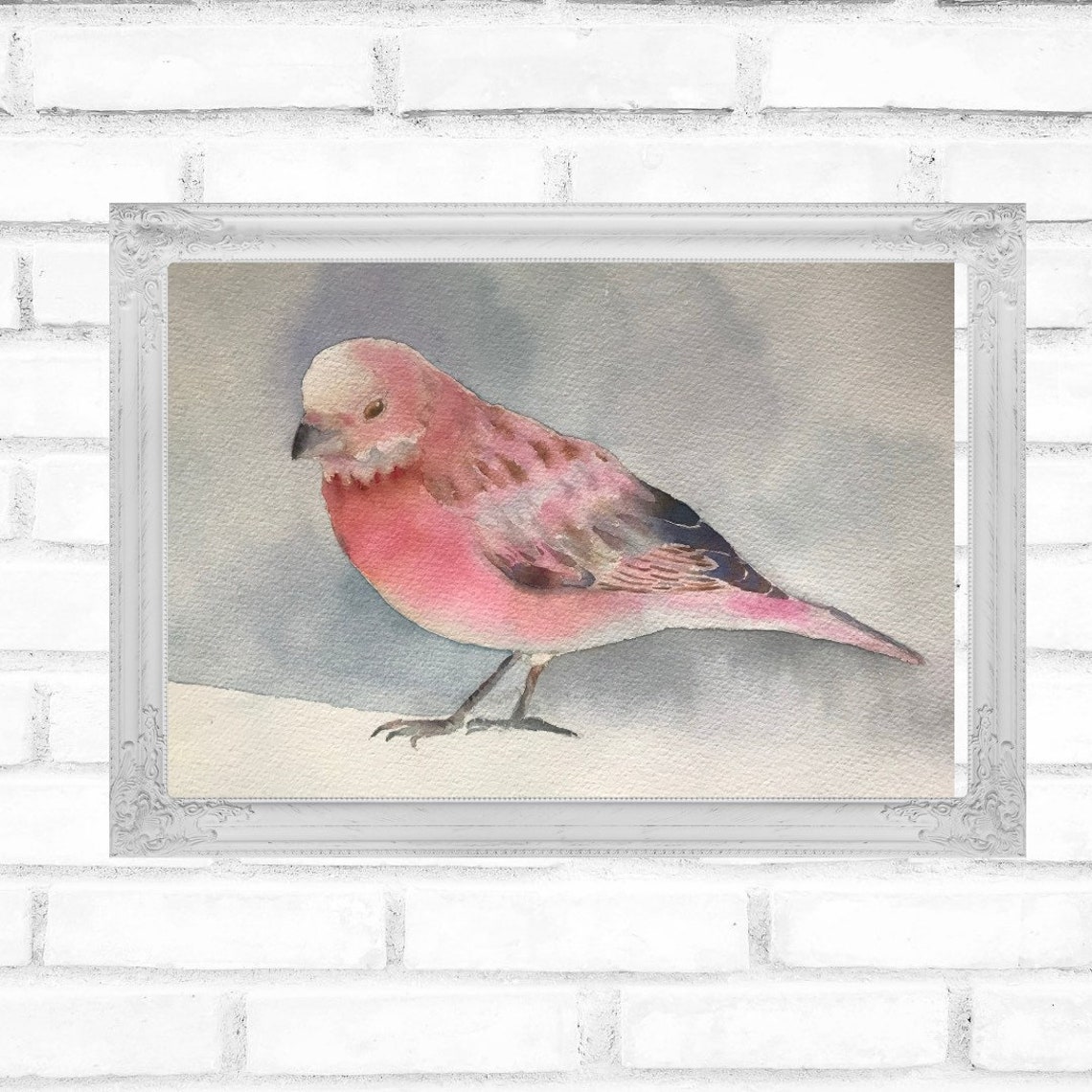 Pink Songbird Watercolor Painting on a Soft Grey Background Poster