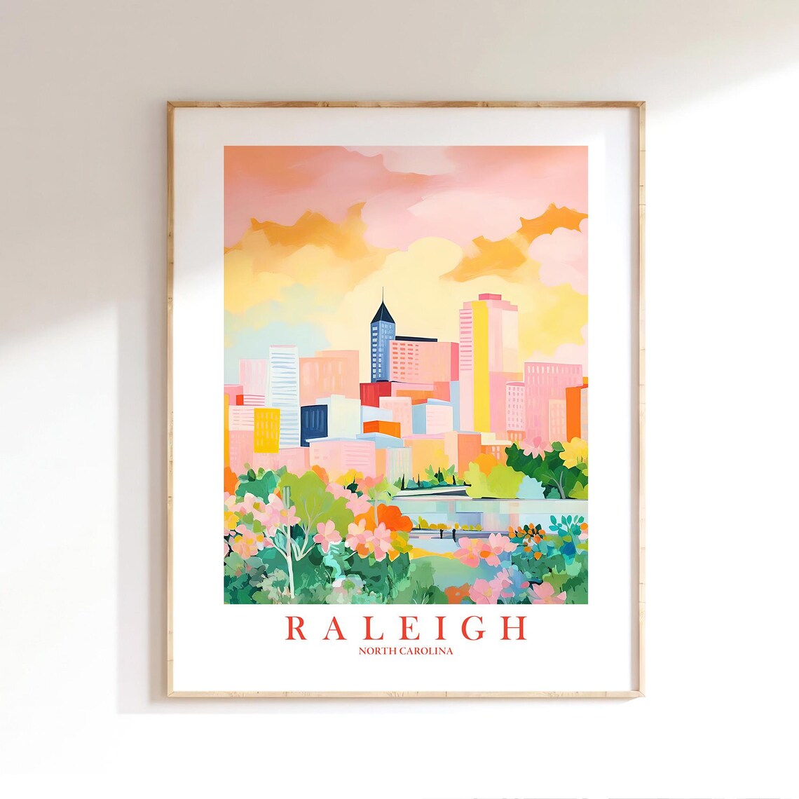 Raleigh North Carolina Colorful City Skyline Sunset Travel Poster