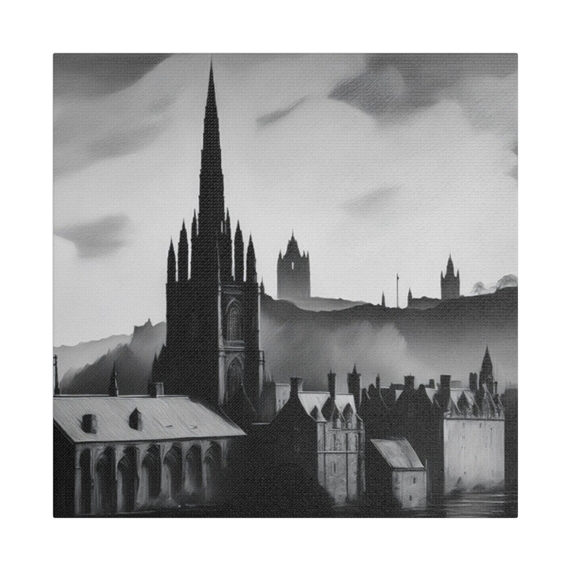 Black And White Scenic Cityscape, Gothic Architecture Art Print - Image 2