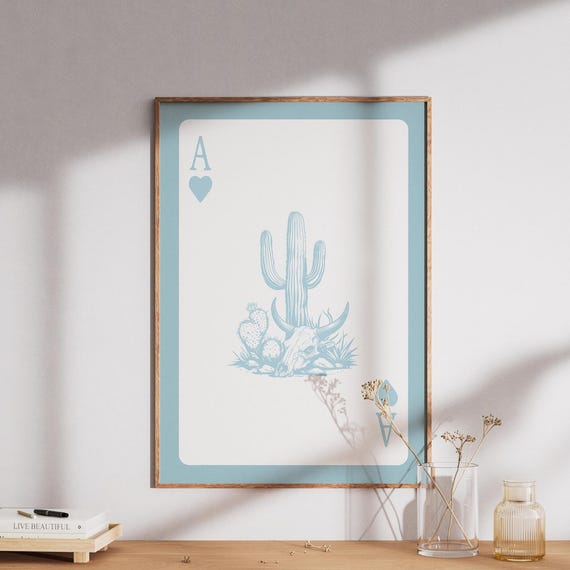 Ace Of Hearts Wall Art Print Light Blue Retro Trendy Printwestern Playing Card Poster Horseshoe Printpoker Western