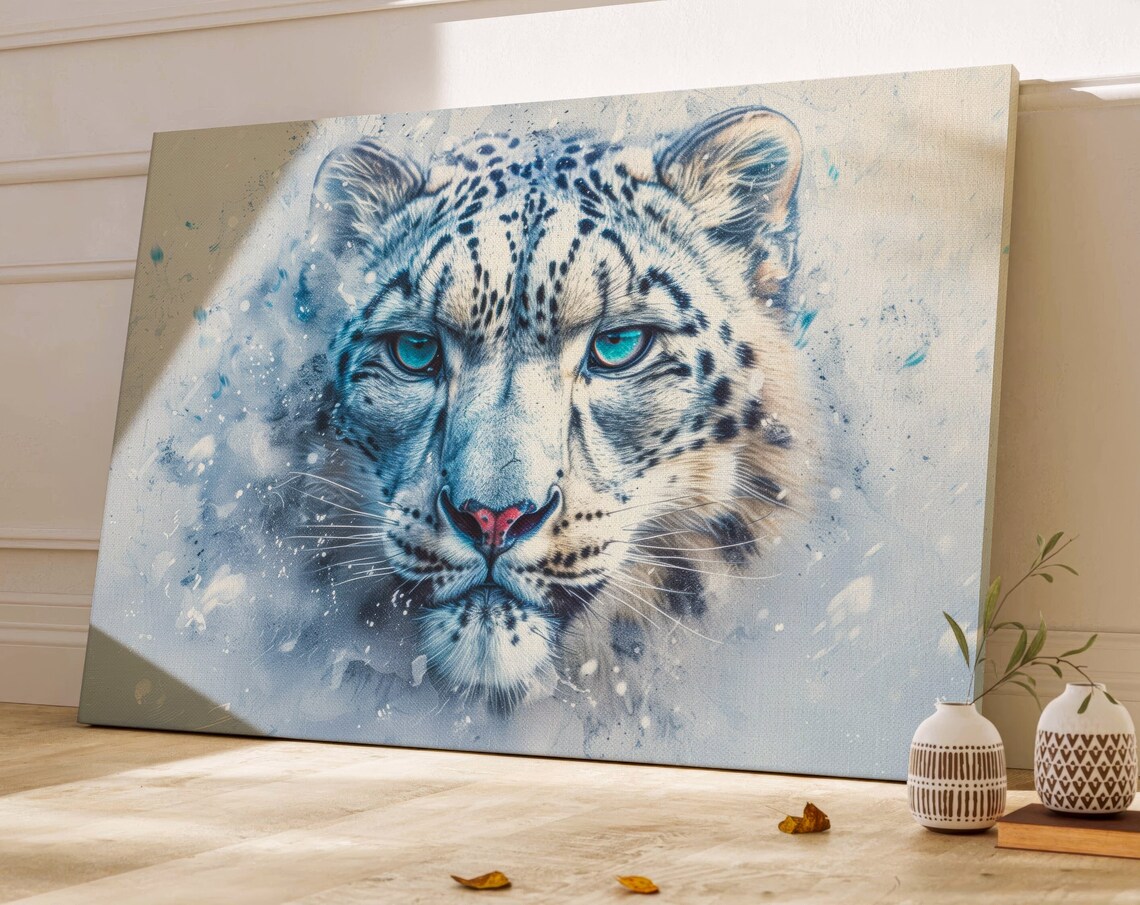 Snow Leopard Wall Print, Winter Wildlife Decor