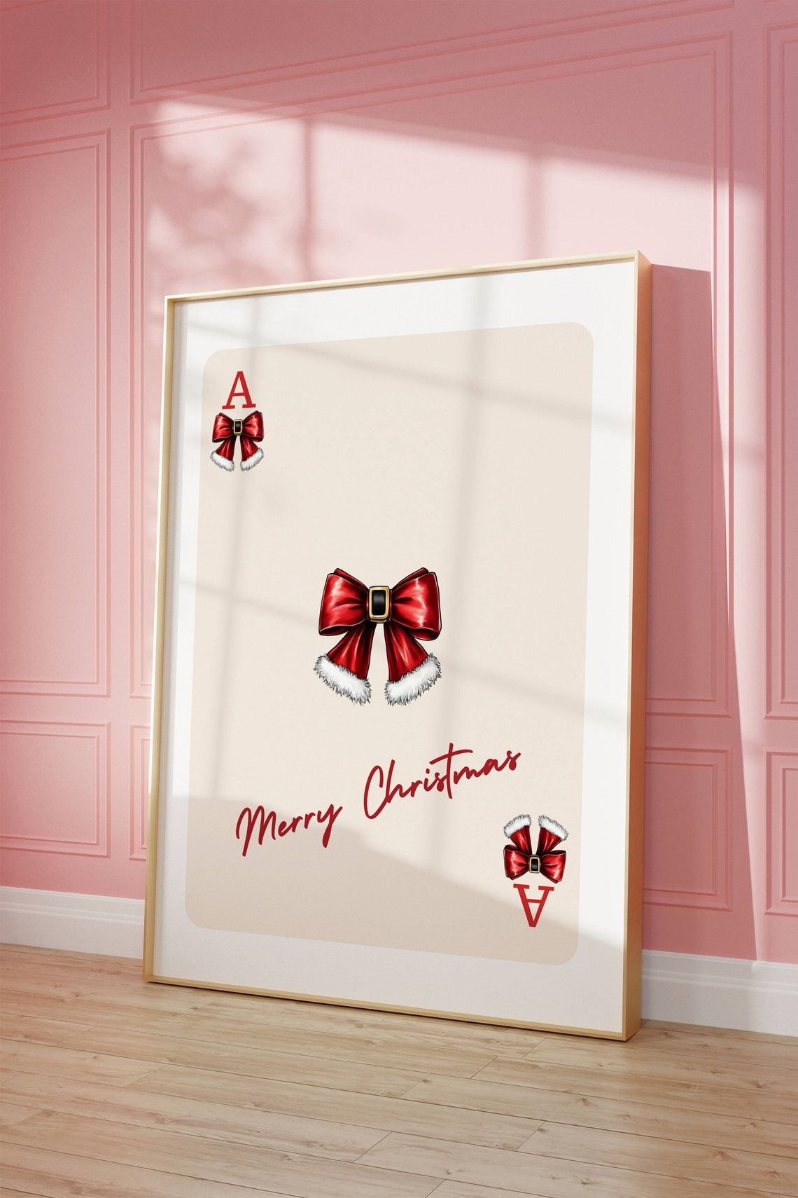 Merry Christmas Red Santa Belt Bow Ace Card Holiday Art Poster - Image 2