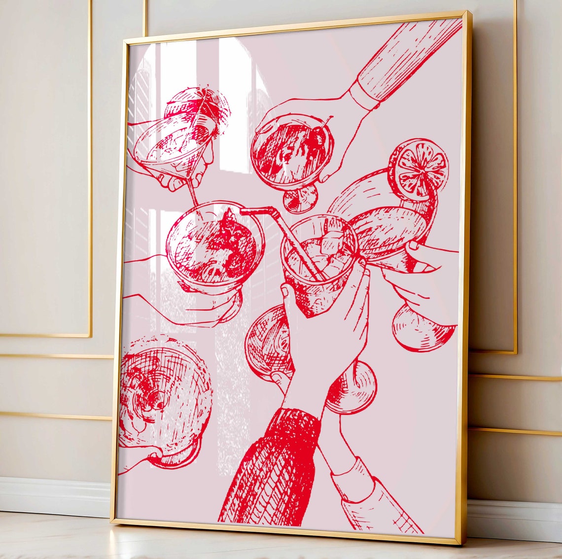 Raised Cocktail Glasses Toast Red Line Bar Illustration Poster - Image 2