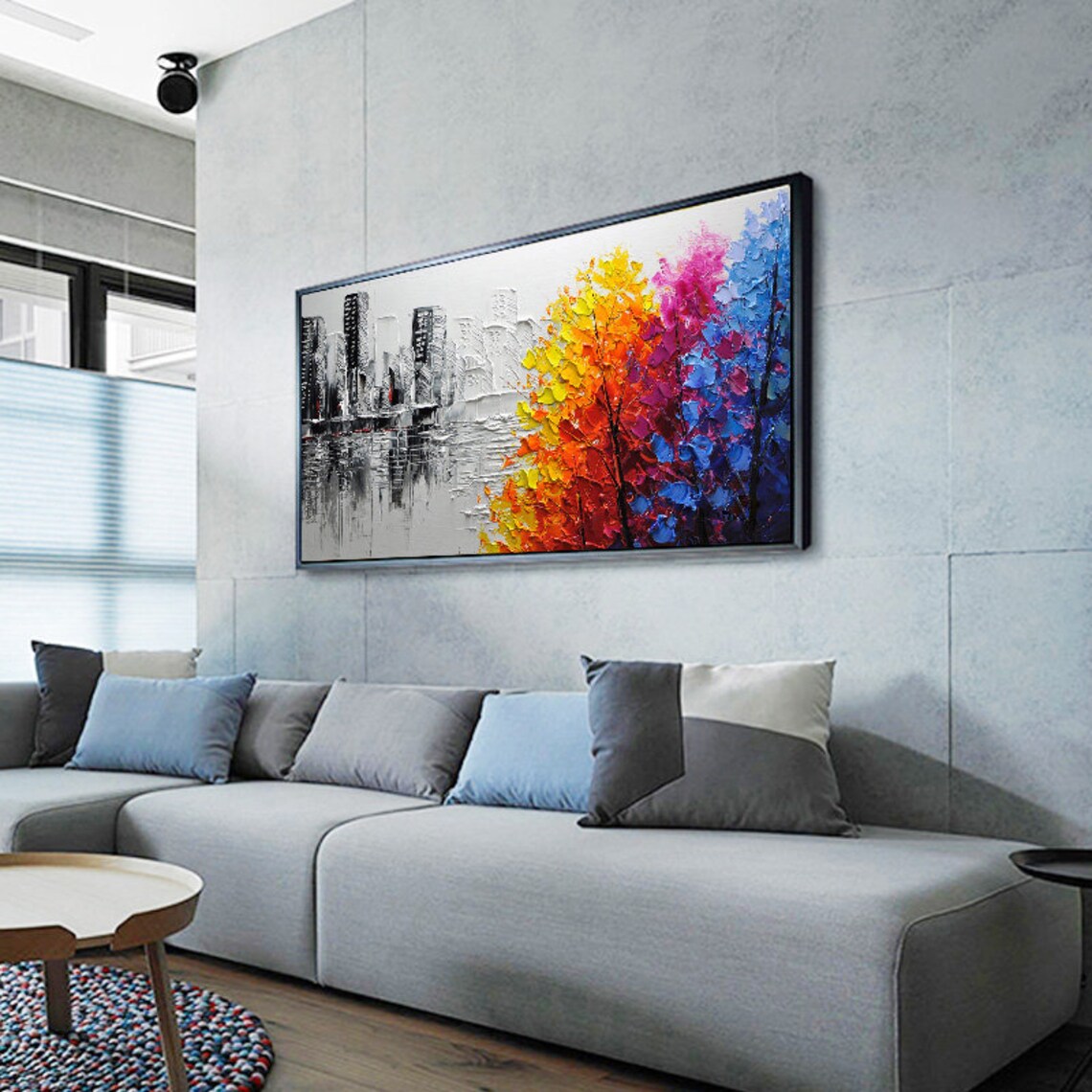 Abstract City Skyline With Colorful Autumn Trees Oil Paint Poster - Image 3