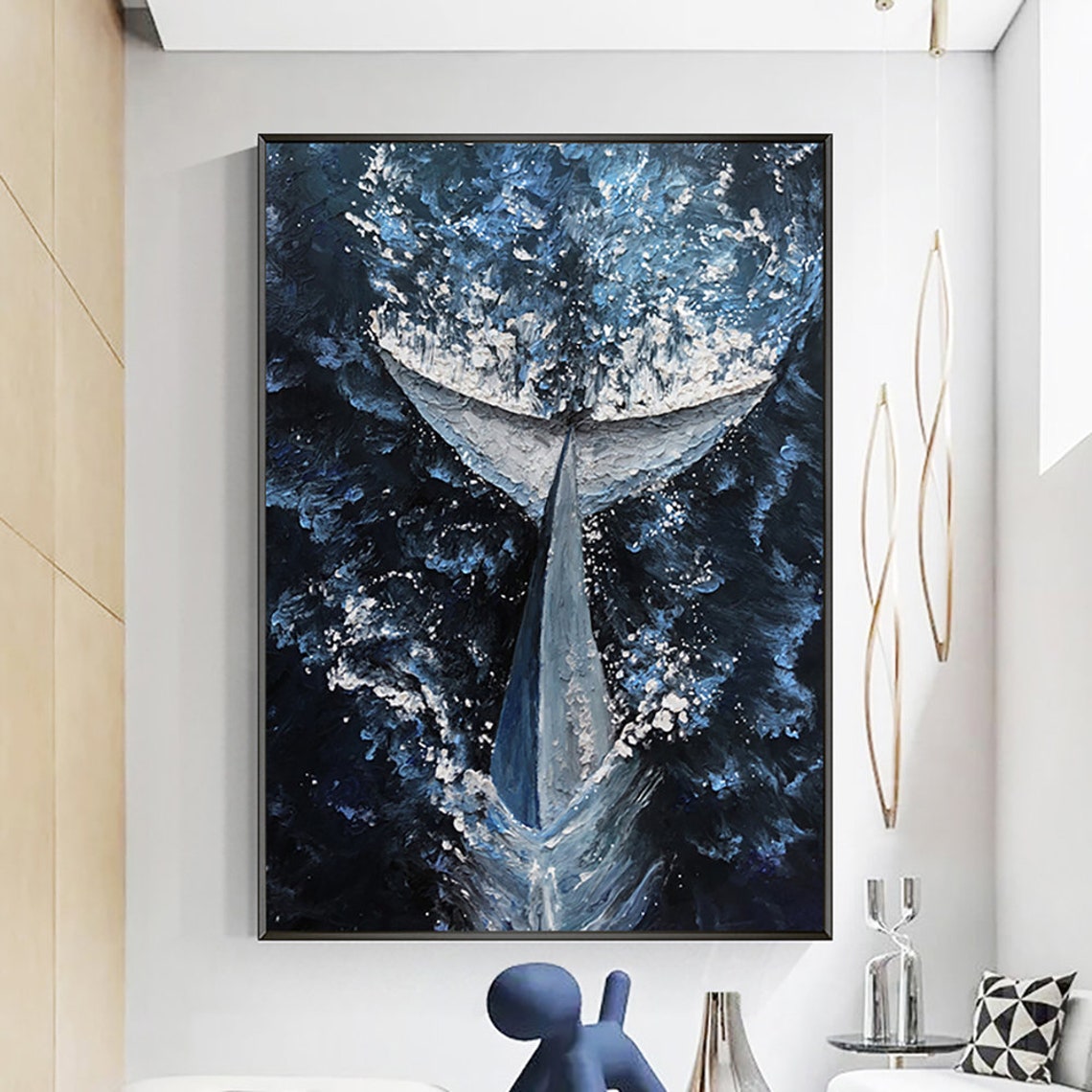 Blue Whale Tail Diving Deep Ocean 3D Impasto Oil Painting Wall Art - Image 4