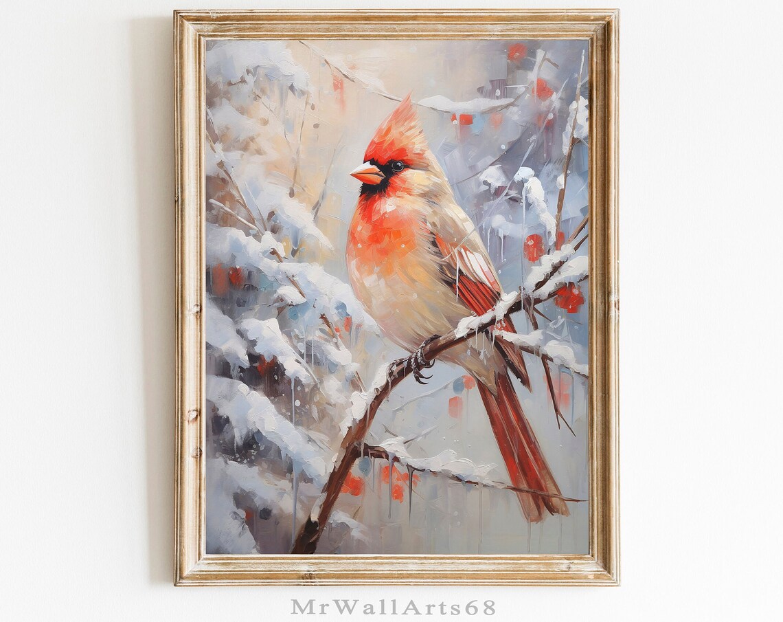 Red Cardinal on Snowy Branch Winter Bird Christmas Painting Poster