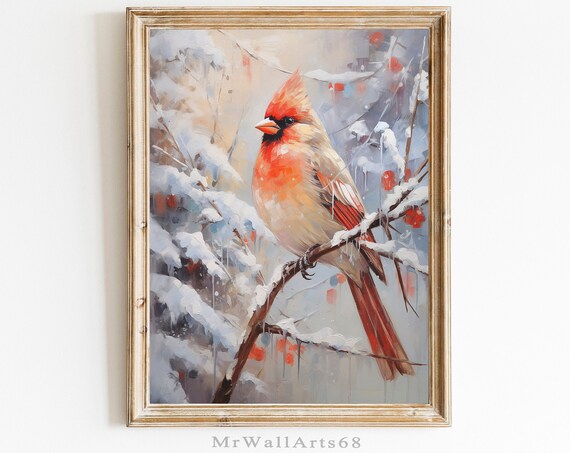 Red Cardinal on Snowy Branch Winter Bird Christmas Painting Poster