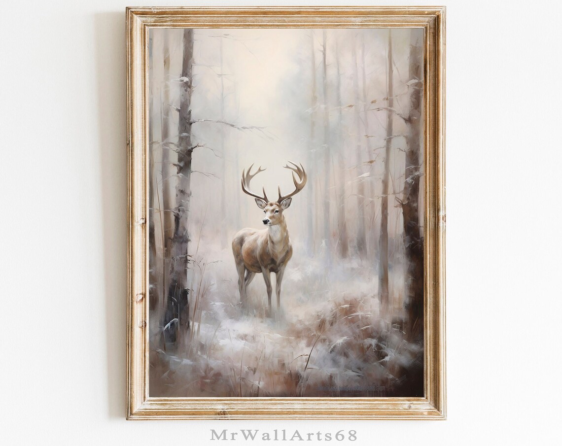 Majestic Stag in a Misty Snowy Forest Vintage Winter Painting Poster