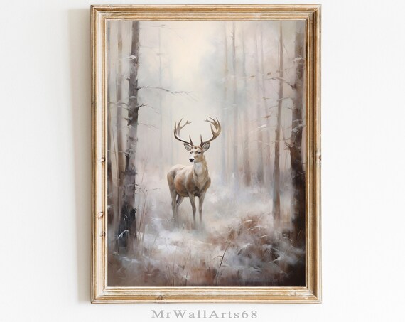 Majestic Stag in a Misty Snowy Forest Vintage Winter Painting Poster