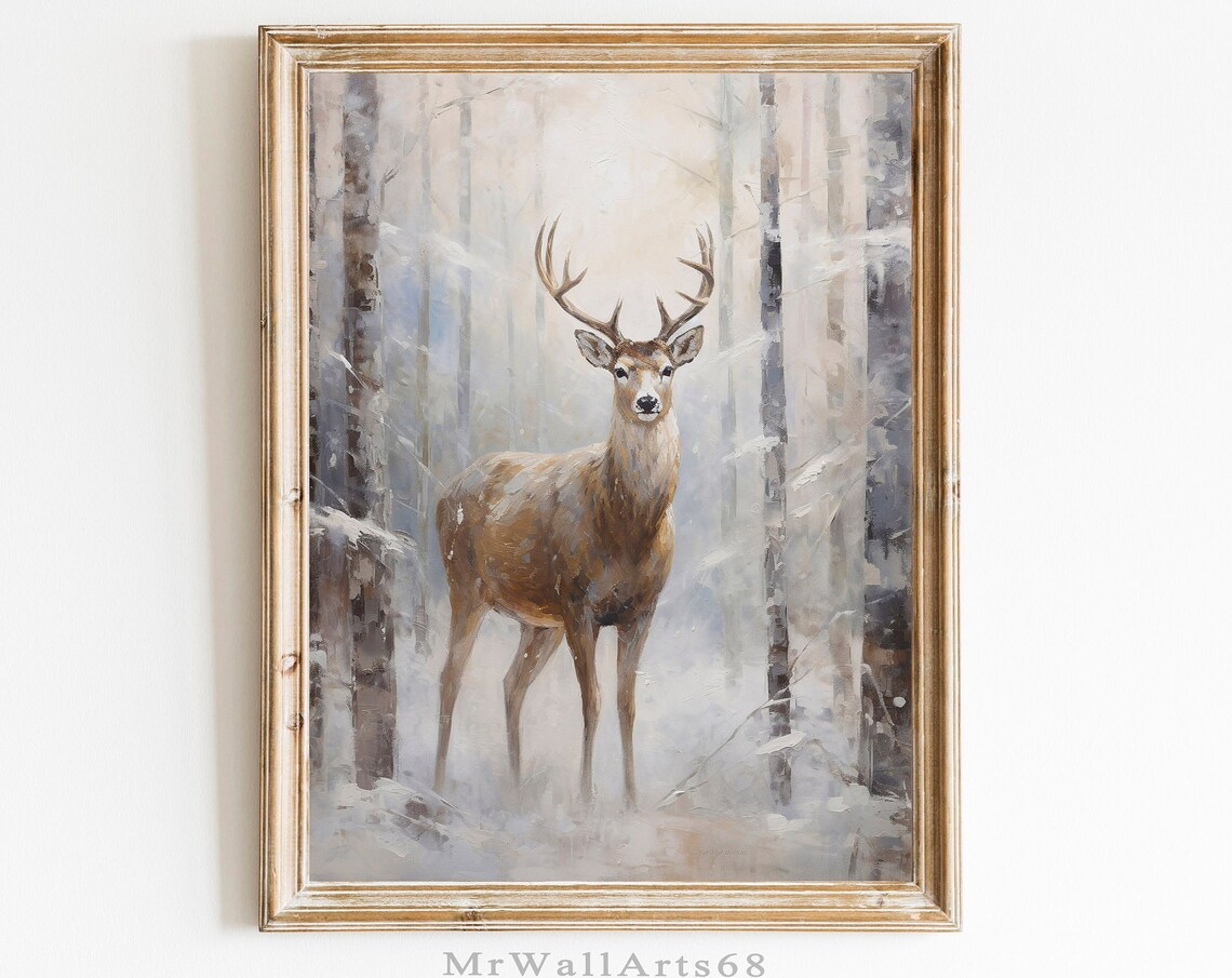 Reindeer Print, Snowy Forest Christmas Wall Art