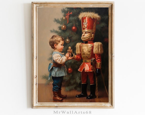 Vintage Christmas Wall Art Nutcracker Toy Baby Nursery Decor Painting Winter Print