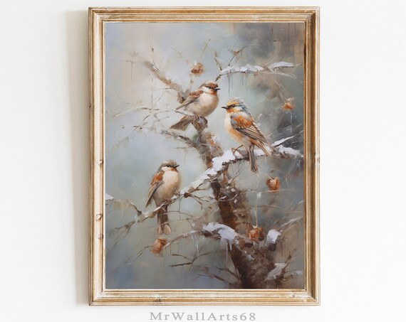Vintage Christmas Winter Birds Tree Art Print