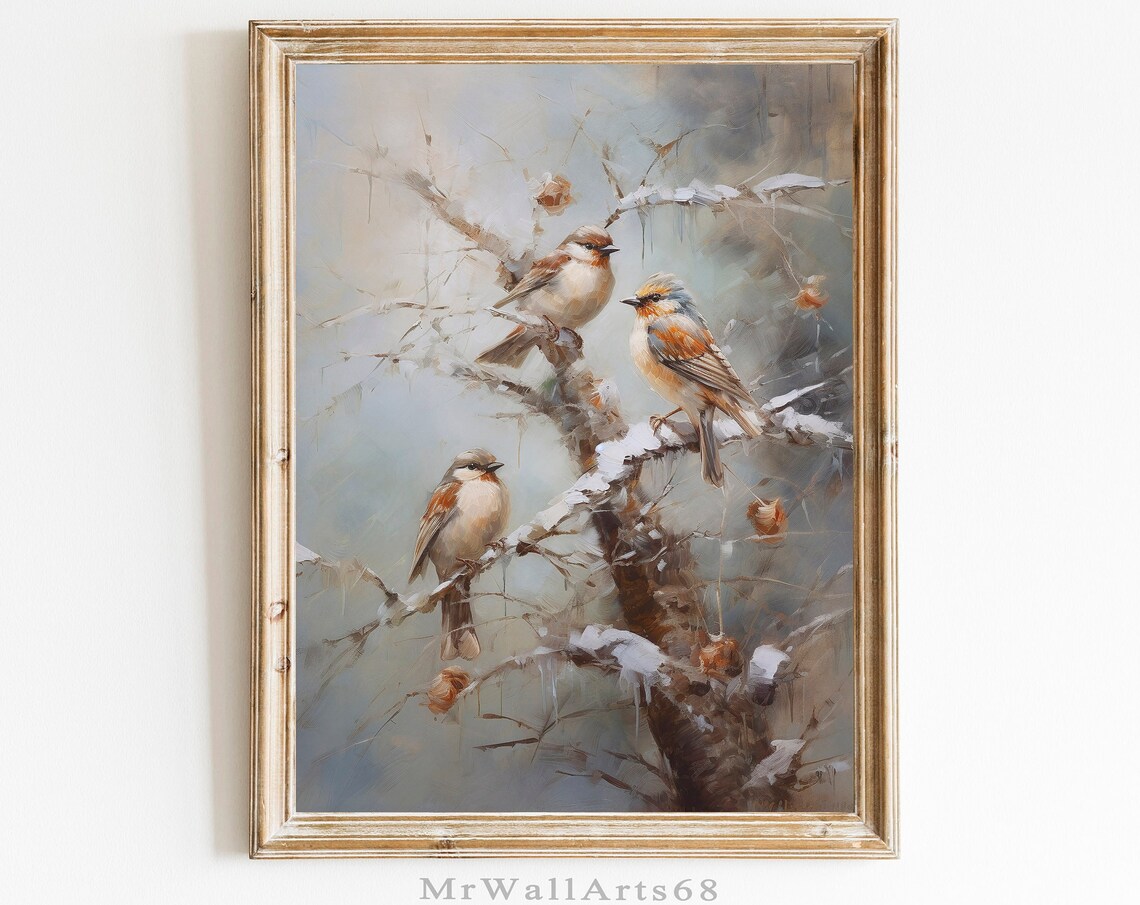 Vintage Christmas Winter Birds Tree Art Print