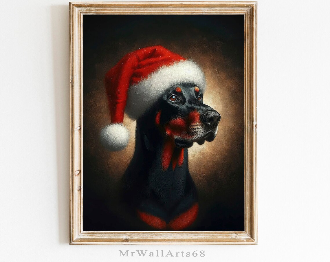 Doberman Wearing Santa Hat Christmas Portrait Moody Dark Poster