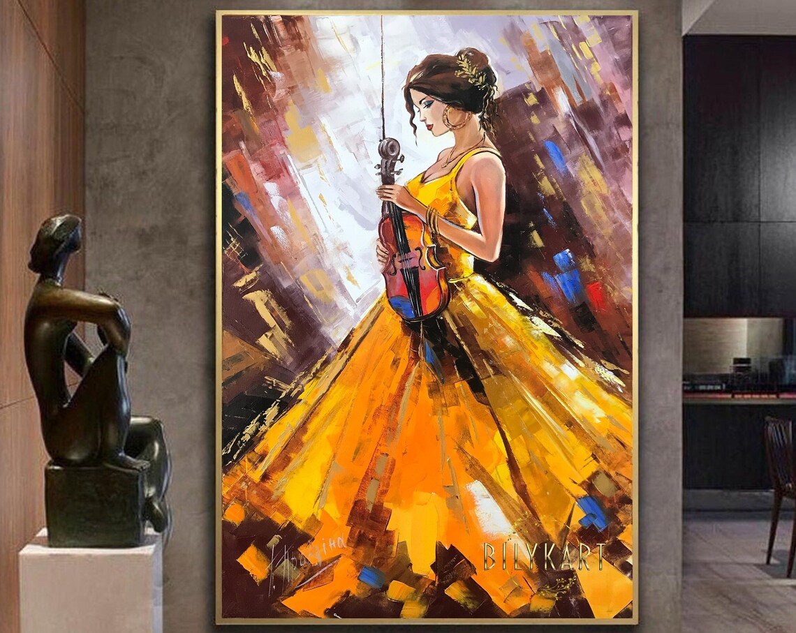 Woman Yellow Dress Playing Violin Vibrant Golden Music Art Poster