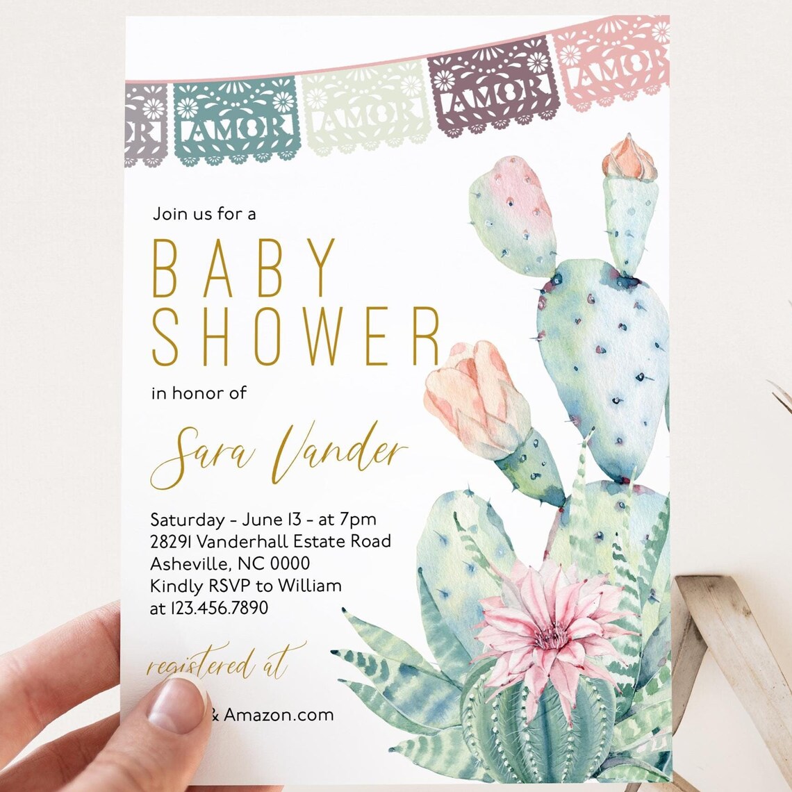 Cactus Baby Shower Invitation Watercolor Succulent Amor Template Print