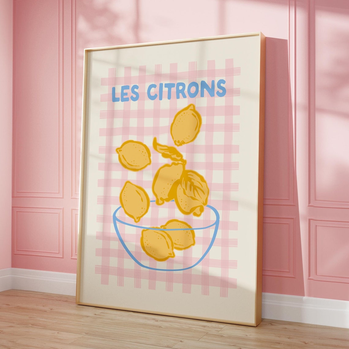 Les Citrons Lemon Bowl Pink Gingham French Kitchen Art Poster