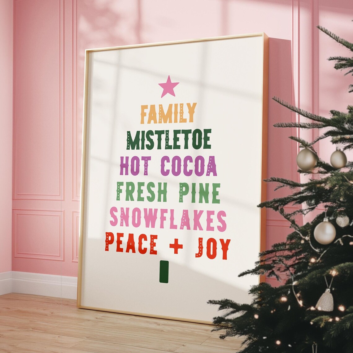 Cream Christmas Tree Word Art Pastel Peace Joy Star Holiday Poster