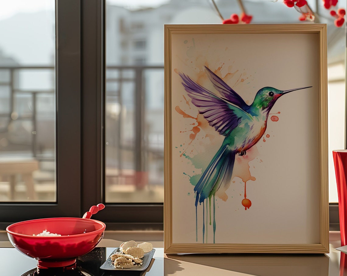 Vibrant Purple Hummingbird Watercolor Splash Flying Bird Art Poster - Image 5