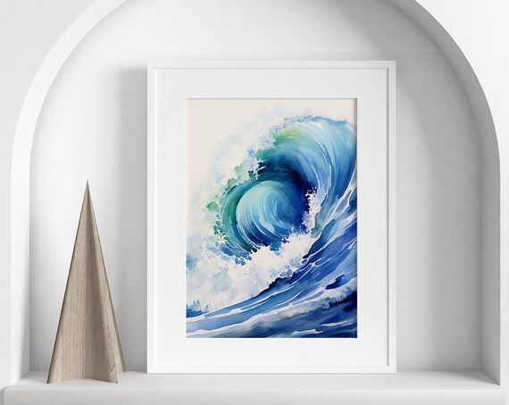 Breaking Ocean Wave Watercolor Blue Swirl Surfing Decor Poster