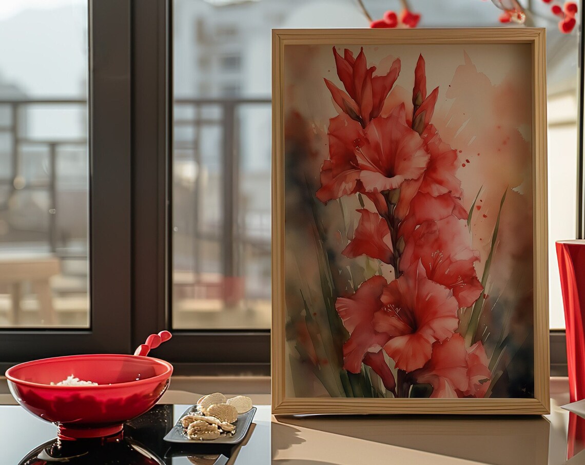 Red Gladiolus Watercolor Portrait Tall Coral Bloom Art Poster - Image 5