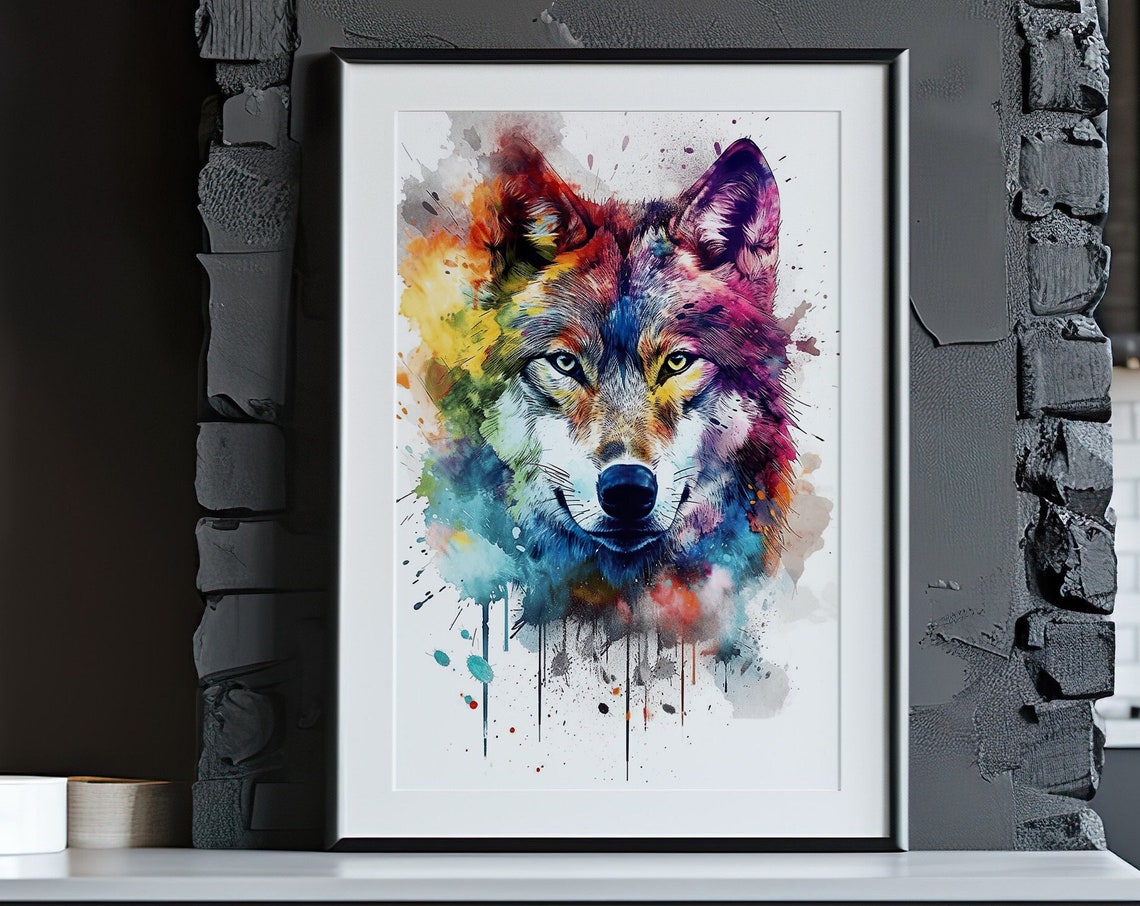 Rainbow Wolf Watercolor Portrait Vibrant Colorful Animal Art Poster