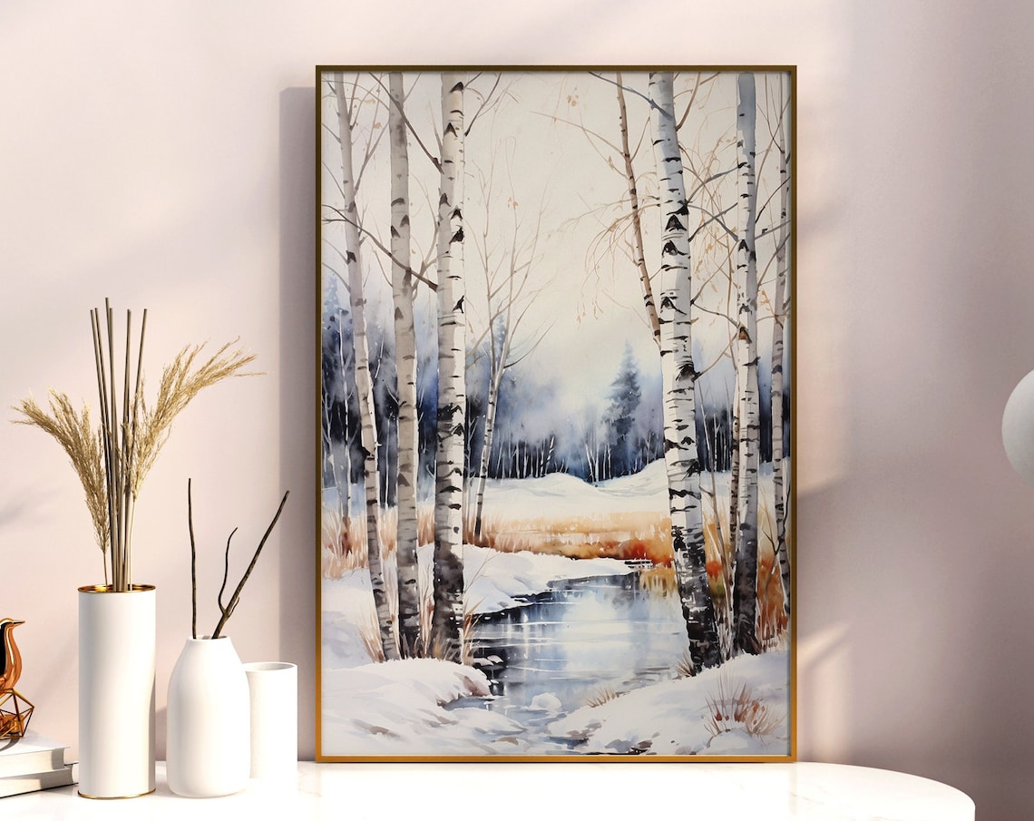 Winter Birch Grove Watercolor Snowy Stream Calm Scene Poster