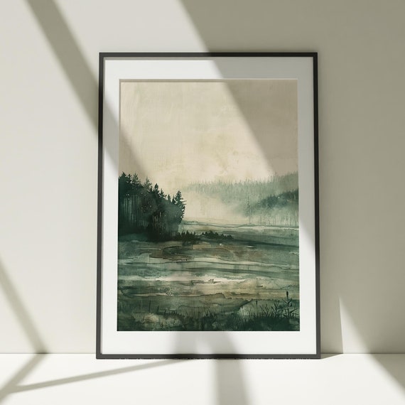 Watercolor Field Forest Painting Wall Art Poster Misty Forest Large Illustration Nature Minimalist Decor Farm House Artwork