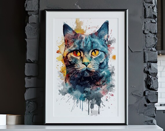 British Shorthair Cat Watercolor Portrait Blue Gray Feline Art Poster