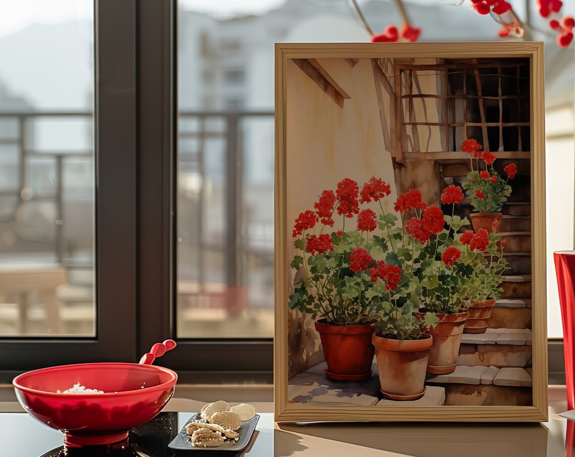 Red Geraniums Watercolor Terracotta Pots Floral Scene Art Poster - Image 5