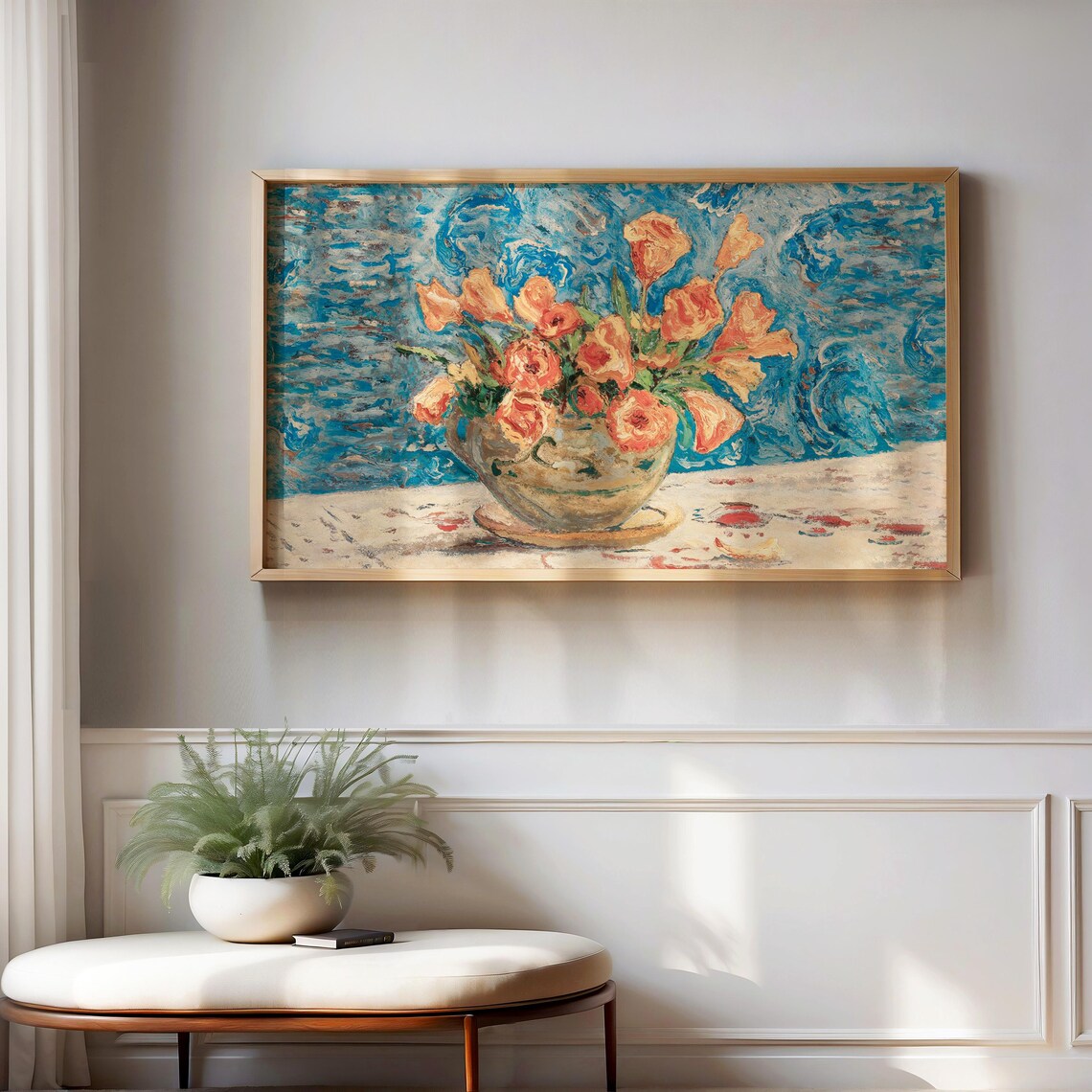 Orange Poppies Vase Swirling Blue Background Expressive Floral Still Life Poster - Image 3