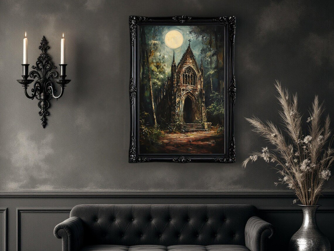 Haunted Gothic Church, Full Moon Night Painting - Image 2