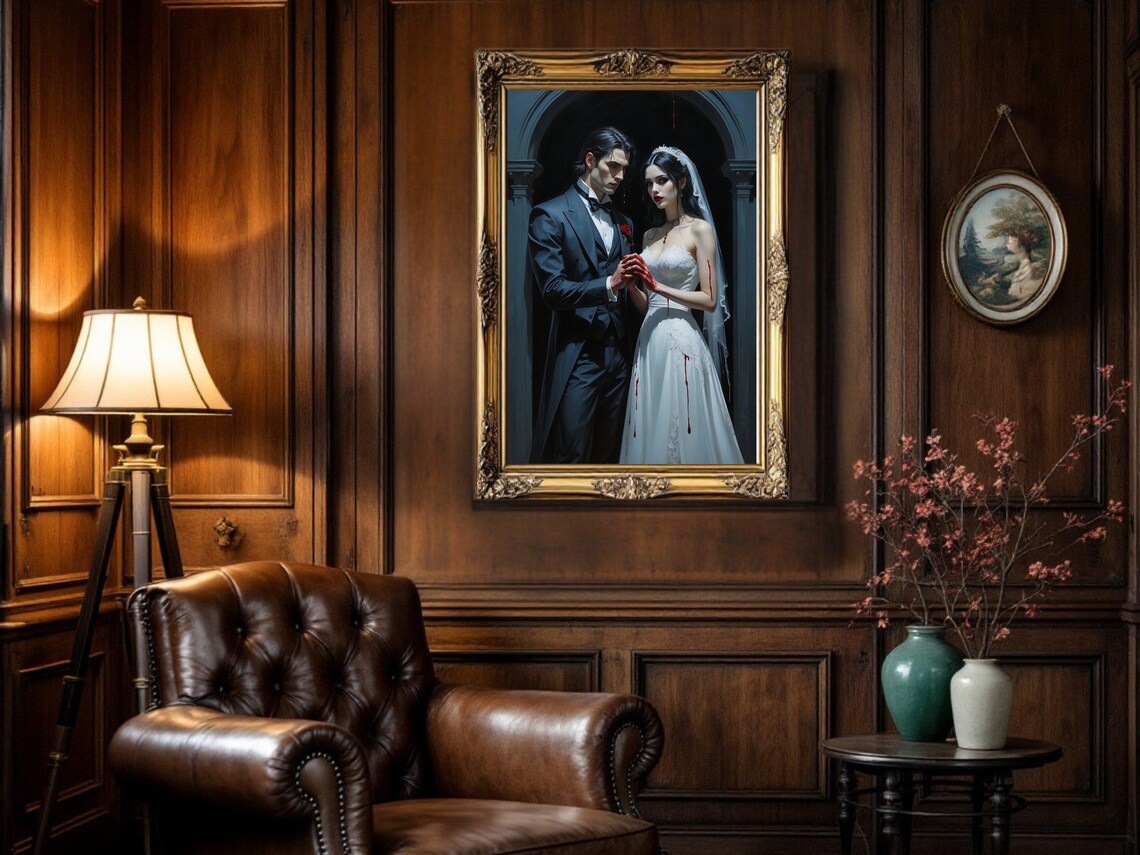 Gothic Vampire Wedding, Dark Romantic Couple Portrait - Image 3