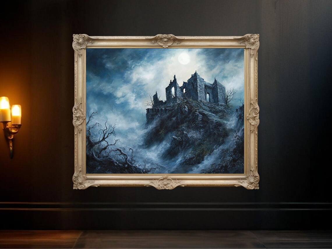 Haunted Castle In Moonlight, Gothic Landscape Art Print