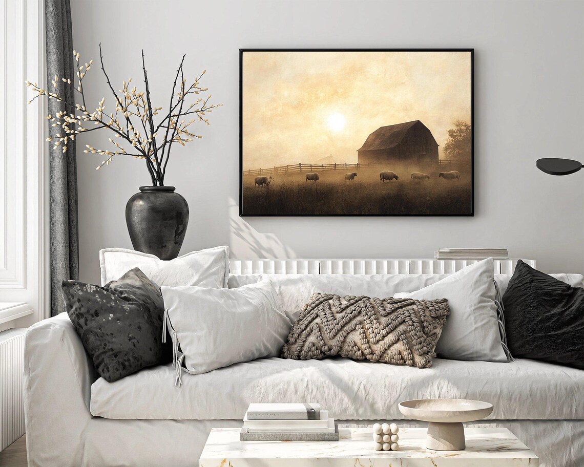 Rustic Farmhouse Sheep, Vintage Barn Landscape Print - Image 3