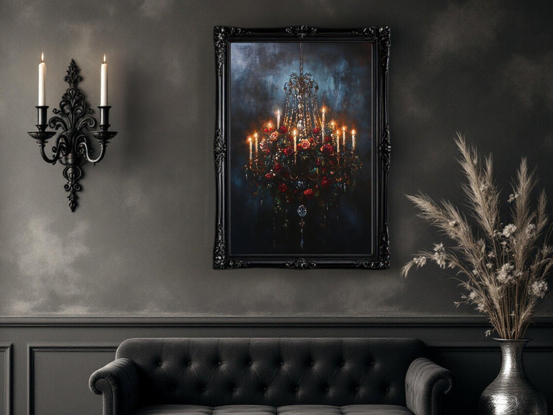 Elegant Chandelier Roses, Dark Floral Glow Art Print - Image 2