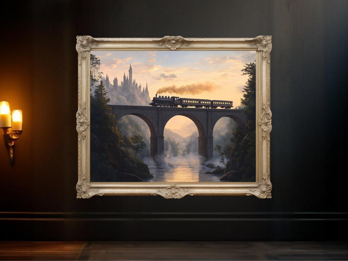 Vintage Train On Stone Bridge At Sunset, Castle
