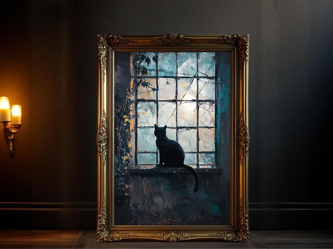 Cat Silhouette In Window, Gothic Halloween Decor