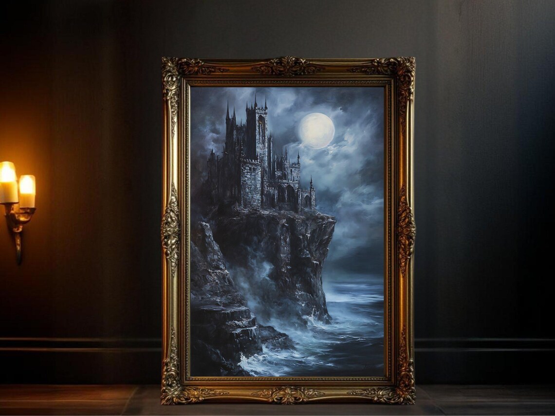 Gothic Castle Under Full Moon, Dark Fantasy Landscape