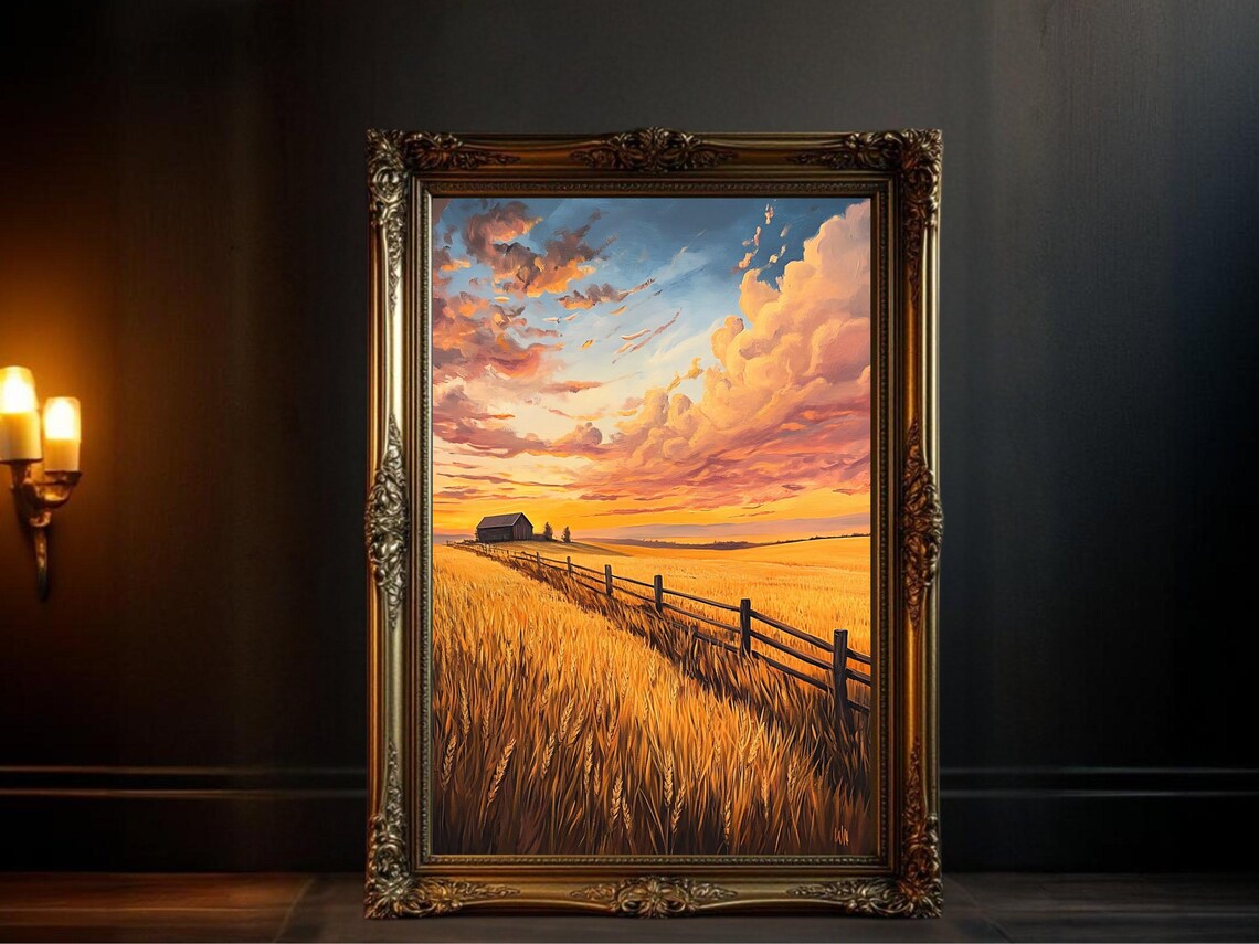 Sunset Over Wheat Field, Rustic Landscape Art Print