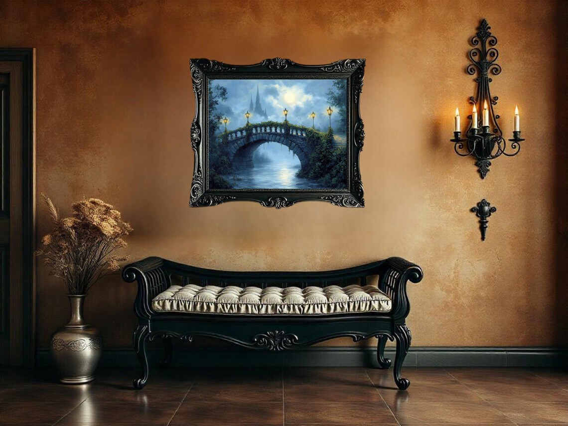 Dreamy Castle Bridge Misty Night Landscape Art Print - Image 2