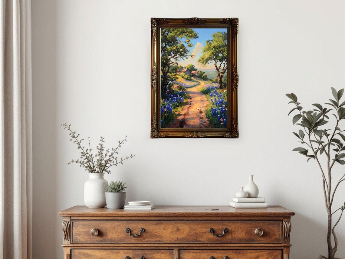 Country Path Village Scene, Landscape Art Print - Image 2