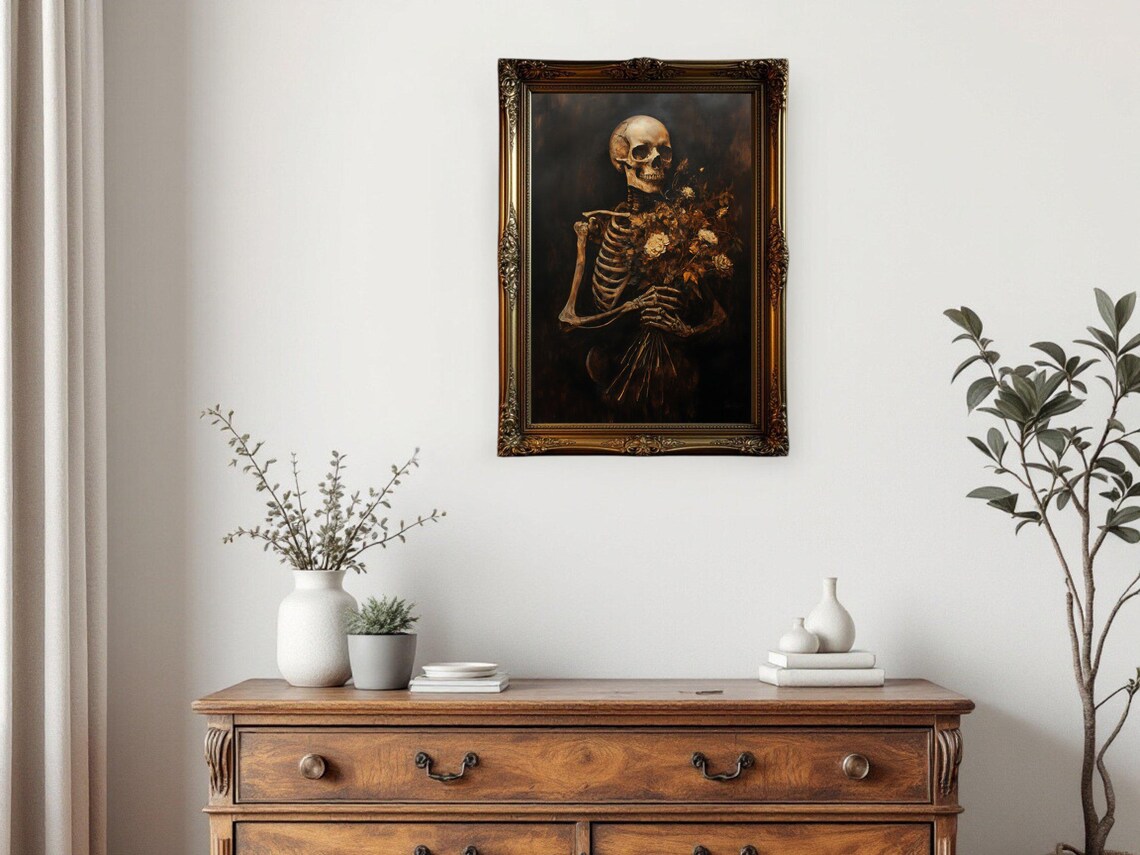 Skeleton Holding Flowers, Gothic Dark Academia Art Print - Image 3