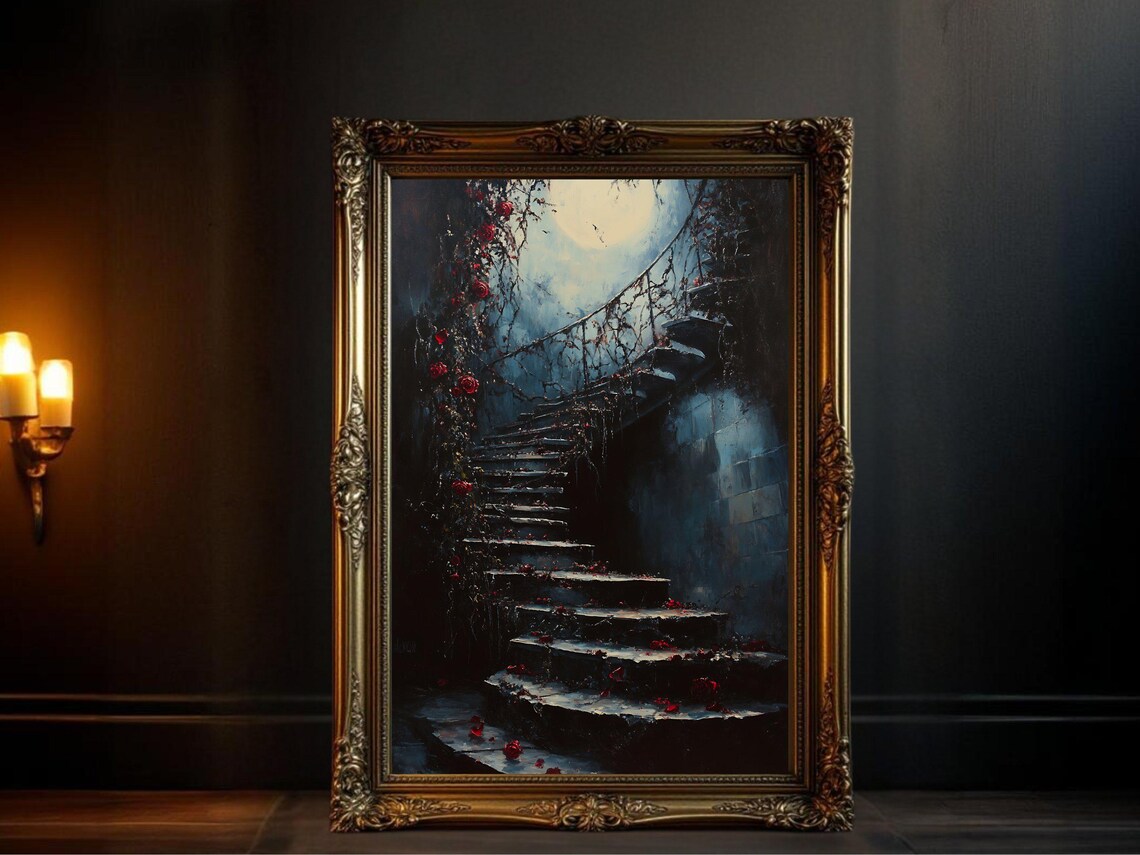 Spooky Gothic Staircase, Eerie Moonlit Scene Art Print