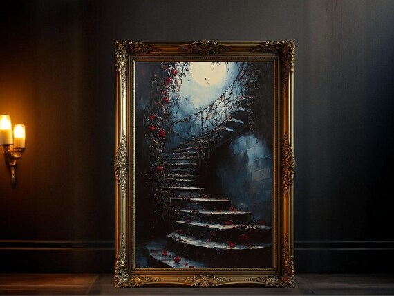 Spooky Gothic Staircase, Eerie Moonlit Scene Art Print