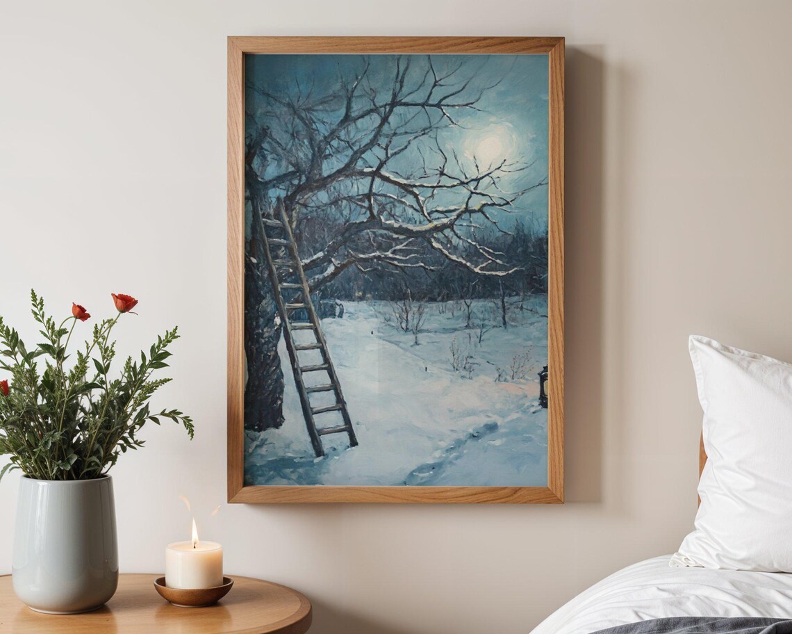 Vintage Winter Landscape, Snowy Night Full Moon Scene
