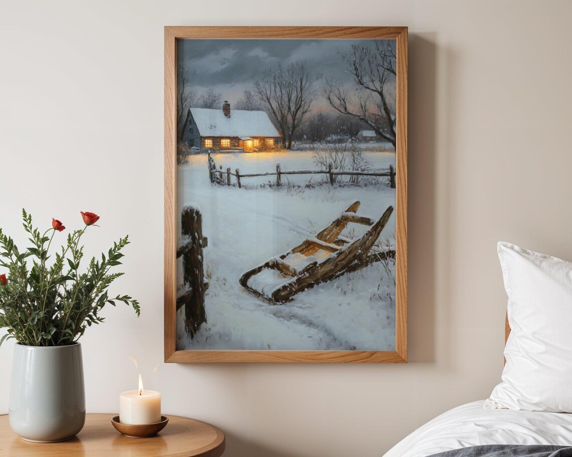 Dreamy Winter Cottage Scene, Rustic Cabin Decor