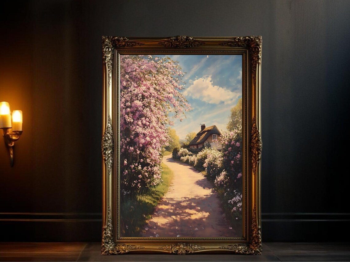 Country Cottage Rustic House Painting, Spring Scene