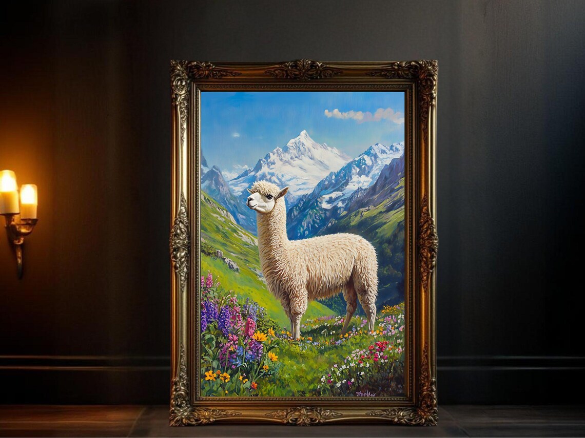 Elegant Alpaca Mountain Landscape Art Print