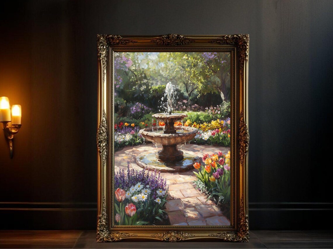 Garden Fountain, Colorful Floral Painting